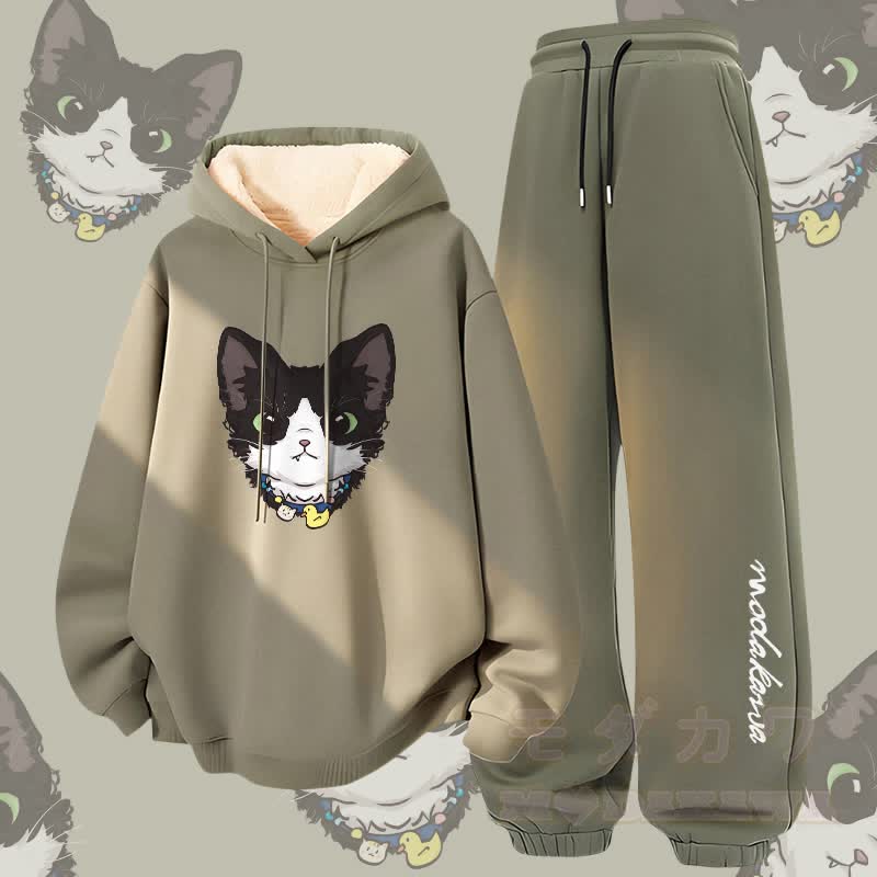 MODAKAWA Cute Kitty Graphic Thick Fleece Lined Hoodie Pants Two Pieces Set - Green - 5XL - image 2