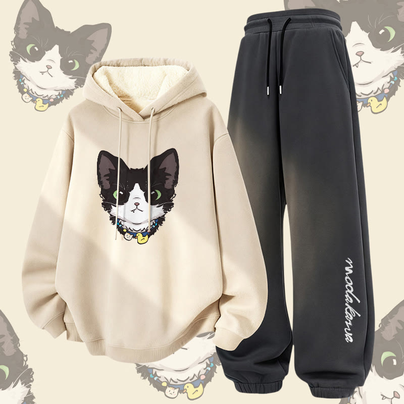 MODAKAWA Cute Kitty Graphic Thick Fleece Lined Hoodie Pants Two Pieces Set - Apricot&Dark Grey - 5XL - image 1