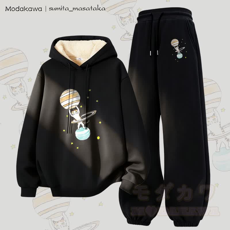 MODAKAWA X sumita_masataka Cat Lifting Saturn Graphic Thick Fleece Lined Hoodie Pants Two Pieces Set - Black - 5XL - image 4