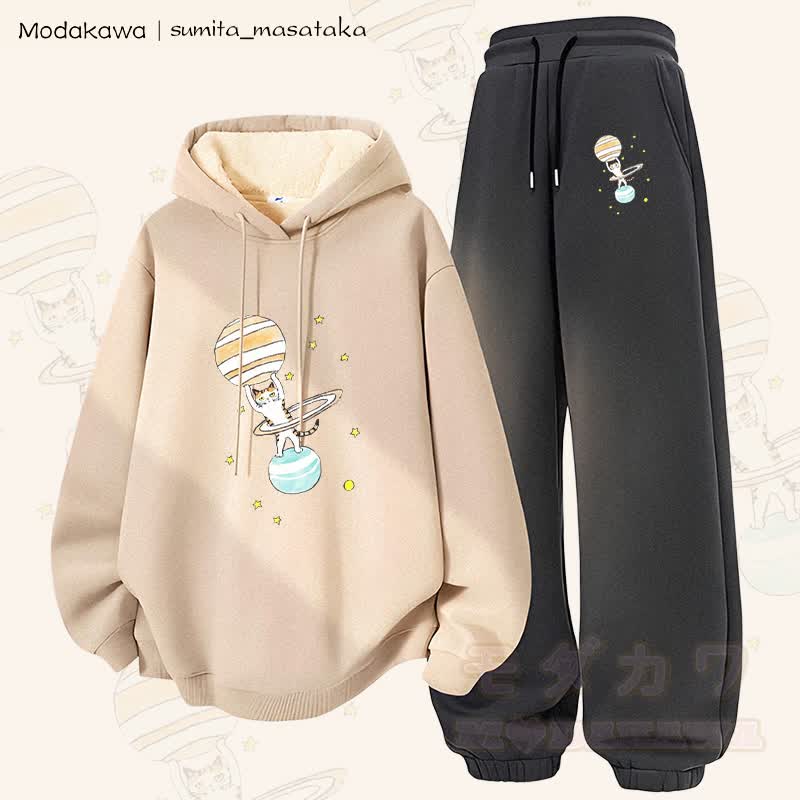 MODAKAWA X sumita_masataka Cat Lifting Saturn Graphic Thick Fleece Lined Hoodie Pants Two Pieces Set - Apricot&Dark Grey - 5XL - image 2