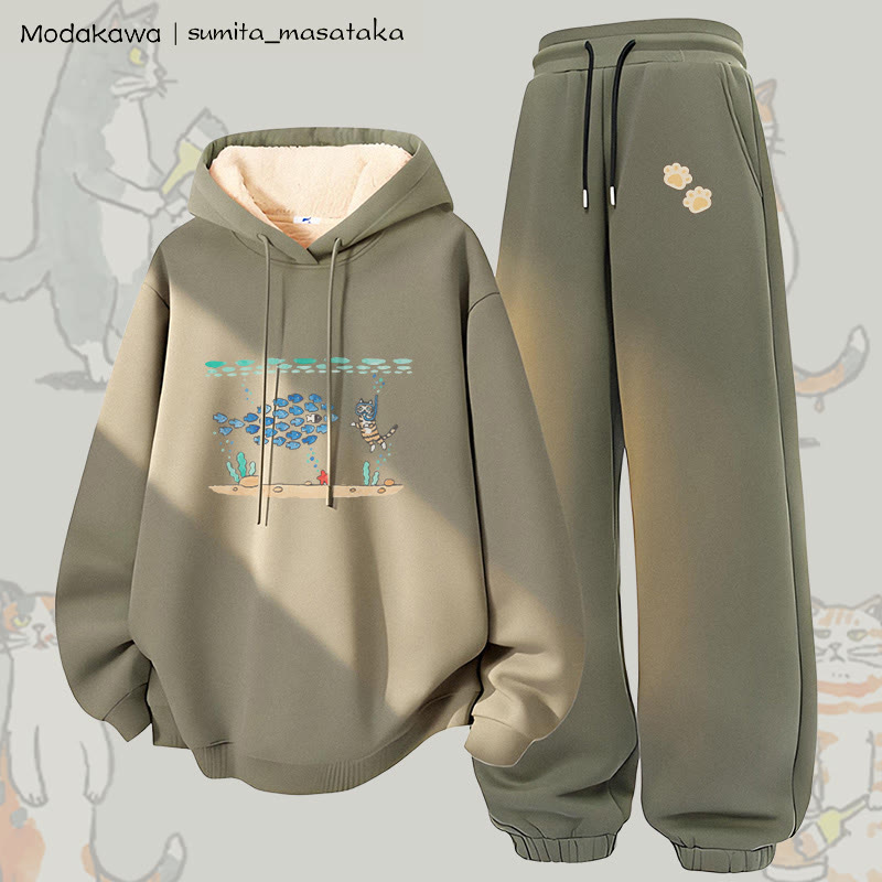 MODAKAWA X sumita_masataka Diving Cat Graphic Thick Fleece Lined Hoodie Pants Two Pieces Set - Green - 5XL - image 2
