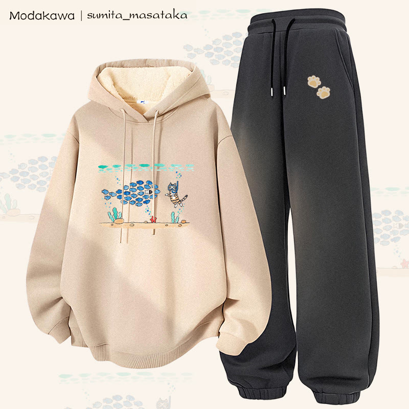 MODAKAWA X sumita_masataka Diving Cat Graphic Thick Fleece Lined Hoodie Pants Two Pieces Set - Apricot&Dark Grey - 5XL - image 1