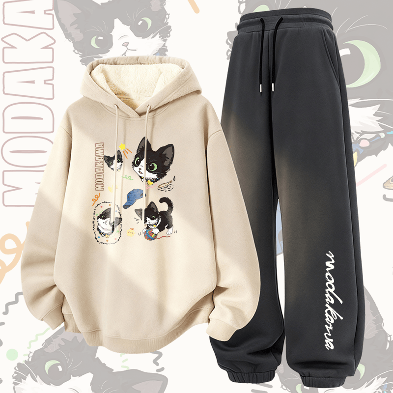 MODAKAWA Cheeky Black Cat Graphic Thick Fleece Lined Hoodie Pants Two Pieces Set - Apricot&Dark Grey - 5XL - image 4