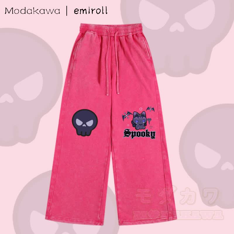 MODAKAWA X emiroll Devil Kitty Graphic Vintage Washed Adjustable Hem Pants - Rose Red - 2XL - image 1