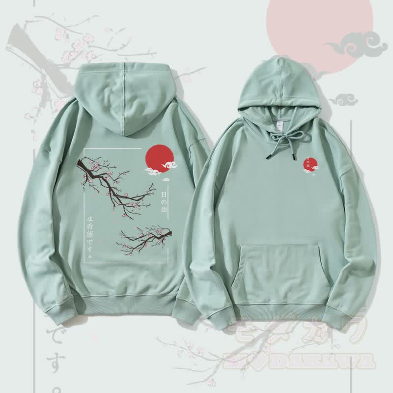 MODAKAWA Cherry Blossom and Sun Graphic Streetwear Pullover Hoodie - Green - 5XL - image 1