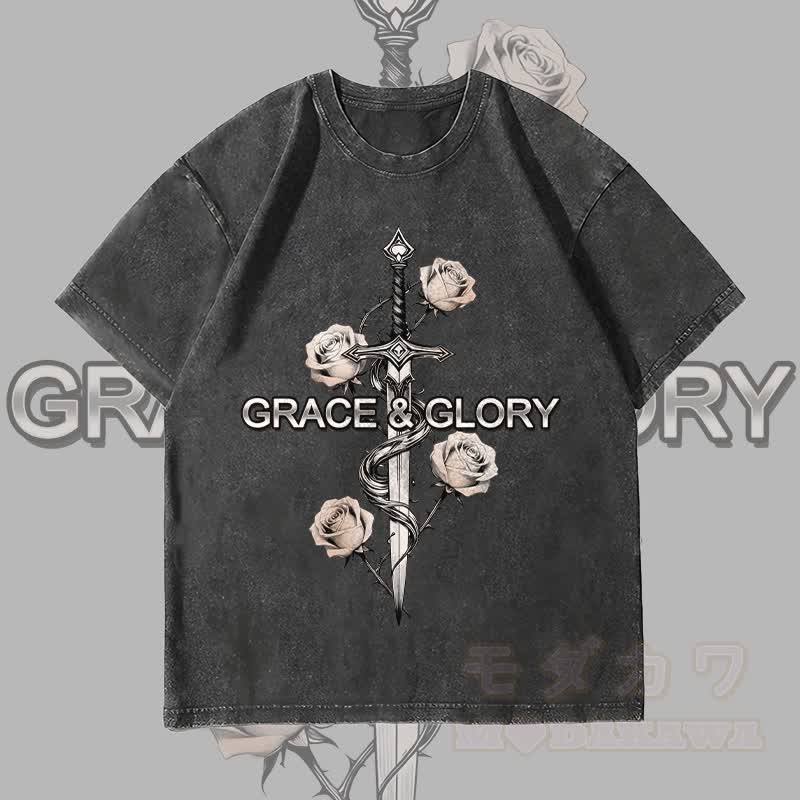 MODAKAWA GRACE GLORY Gothic Rose Sword Graphic Unisex Vintage Washed T-Shirt - Black - 4XL - image 1