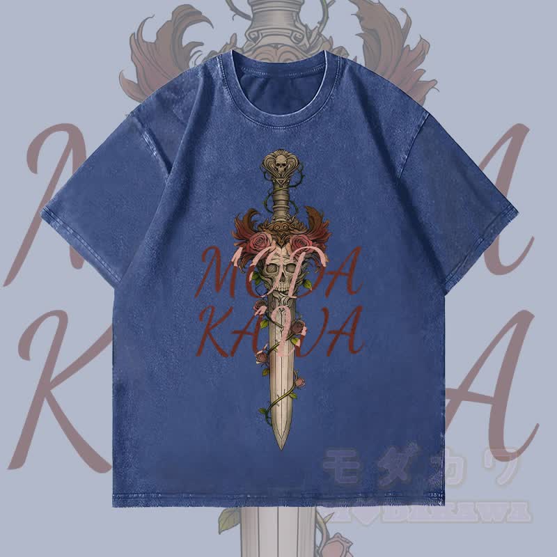 MODAKAWA Gothic Skull Rose Sword Graphic Unisex Vintage Washed T-Shirt - Dark Blue - 4XL - image 1