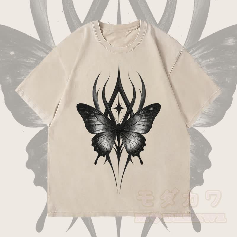 MODAKAWA Gothic Butterfly Graphic Unisex Vintage Washed T-Shirt - Beige - 4XL - image 2