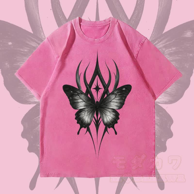 MODAKAWA Gothic Butterfly Graphic Unisex Vintage Washed T-Shirt - Rose red - 4XL - image 1