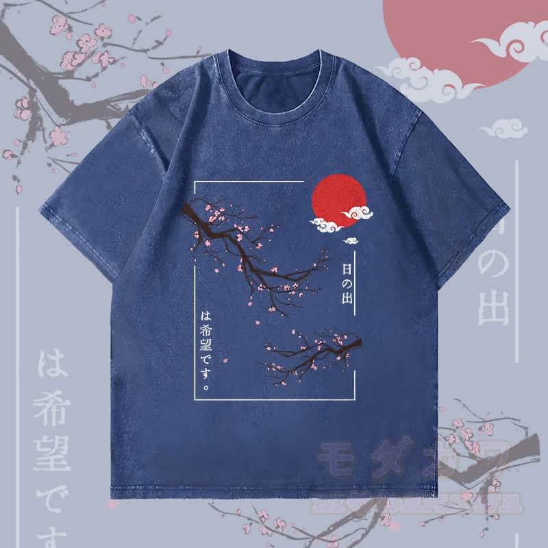 MODAKAWA Cherry Blossom and Sun Graphic Unisex Vintage Washed T-Shirt - Dark Blue - 4XL - image 2