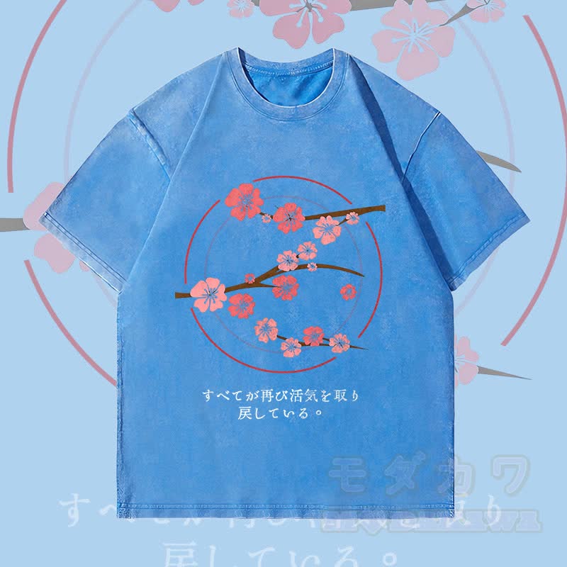 MODAKAWA Cherry Blossom Graphic Unisex Vintage Washed T-Shirt - Blue - 4XL - image 1