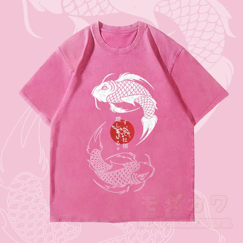 MODAKAWA Dual Koi Graphic Unisex Vintage Washed T-Shirt - Rose red - 4XL - image 2