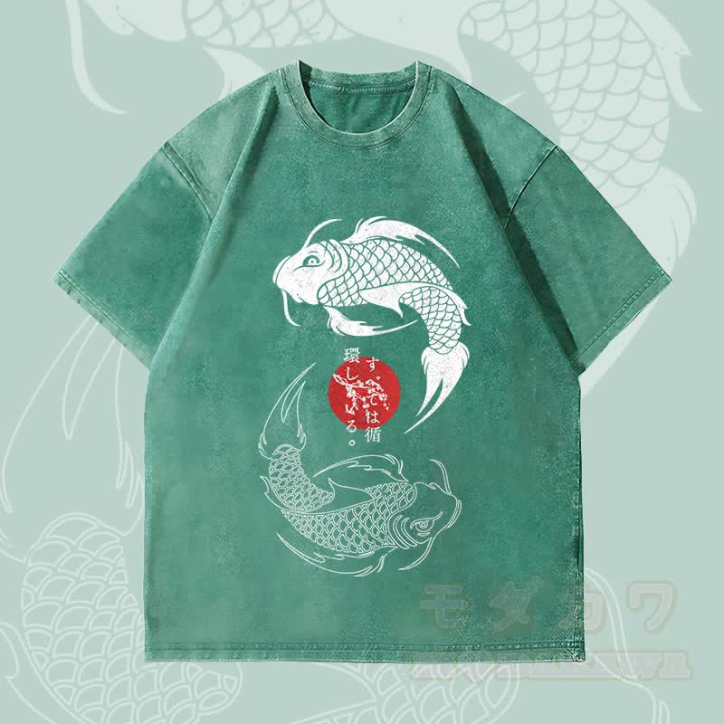 MODAKAWA Dual Koi Graphic Unisex Vintage Washed T-Shirt - Green - 4XL - image 1