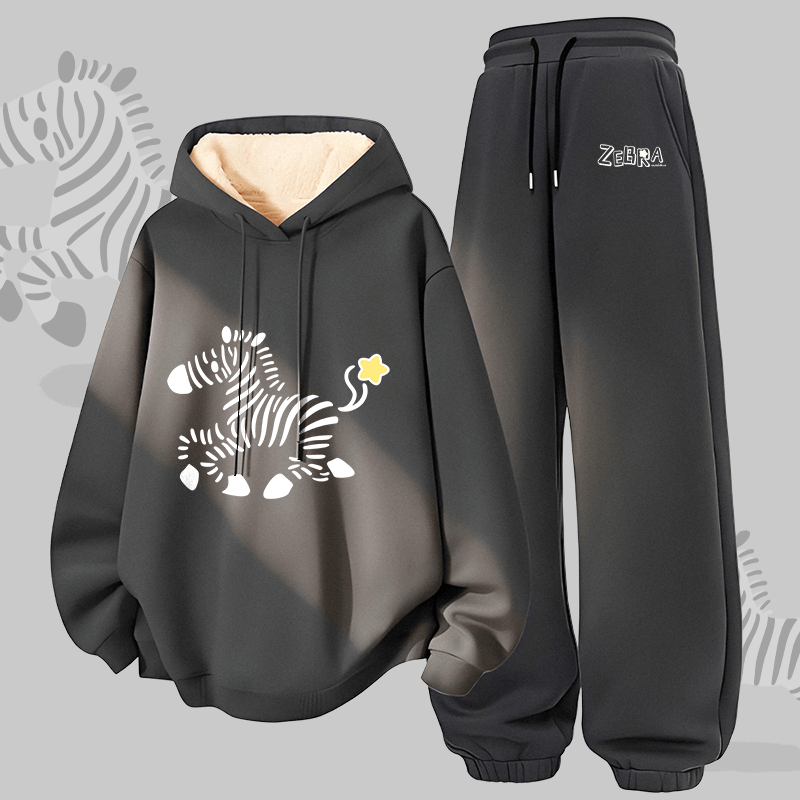 MODAKAWA Running Zebra Graphic Thick Fleece Lined Hoodie Pants Two Pieces Set - Dark Grey - 5XL - image 3