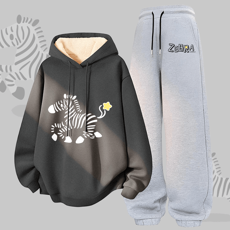 MODAKAWA Running Zebra Graphic Thick Fleece Lined Hoodie Pants Two Pieces Set - Dark Grey&Grey - 5XL - image 2