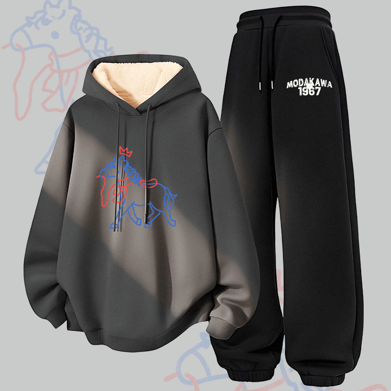 MODAKAWA Crowned Horse Graphic Thick Fleece Lined Hoodie Pants Two Pieces Set - Dark Grey&Black - 5XL - image 3