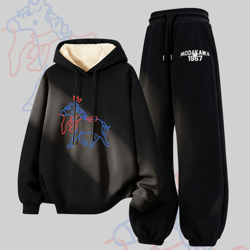 MODAKAWA Crowned Horse Graphic Thick Fleece Lined Hoodie Pants Two Pieces Set - Black - 5XL - image 4