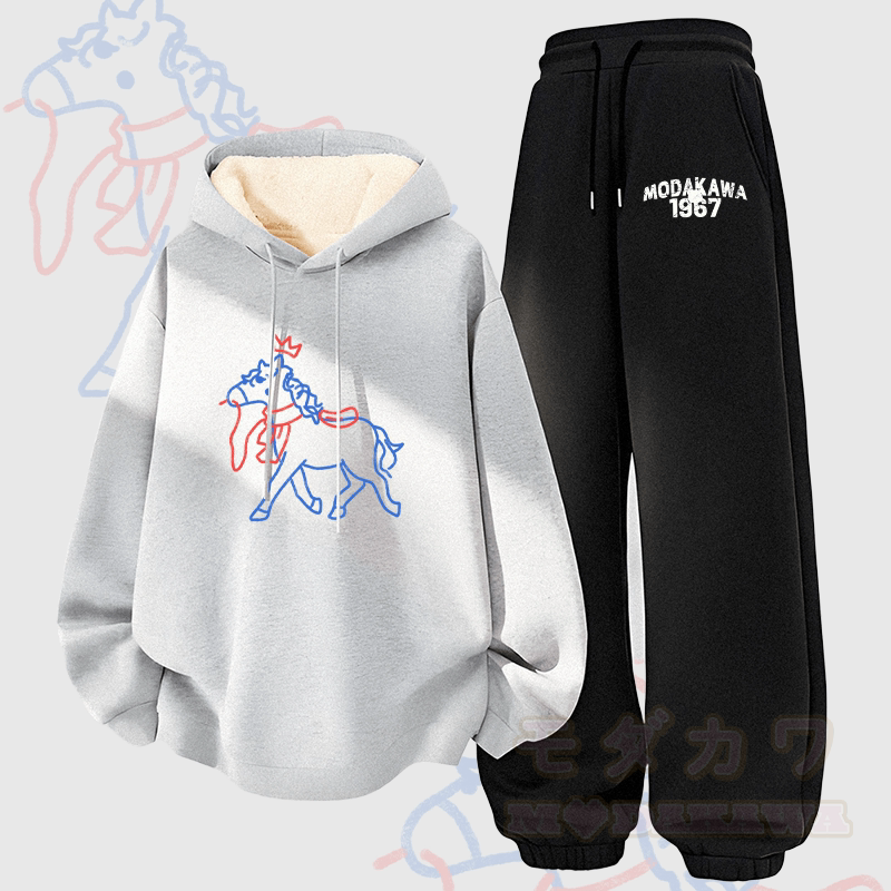 MODAKAWA Crowned Horse Graphic Thick Fleece Lined Hoodie Pants Two Pieces Set - Grey&Black - 5XL - image 1