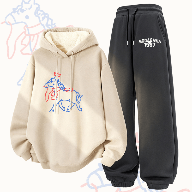 MODAKAWA Crowned Horse Graphic Thick Fleece Lined Hoodie Pants Two Pieces Set - Apricot&Dark Grey - 5XL - image 2
