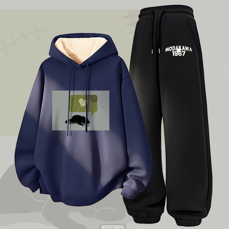 MODAKAWA Silent Heart Cat Graphic Thick Fleece Lined Hoodie Pants Two Pieces Set - Purplish Blue&Black - 5XL - image 2