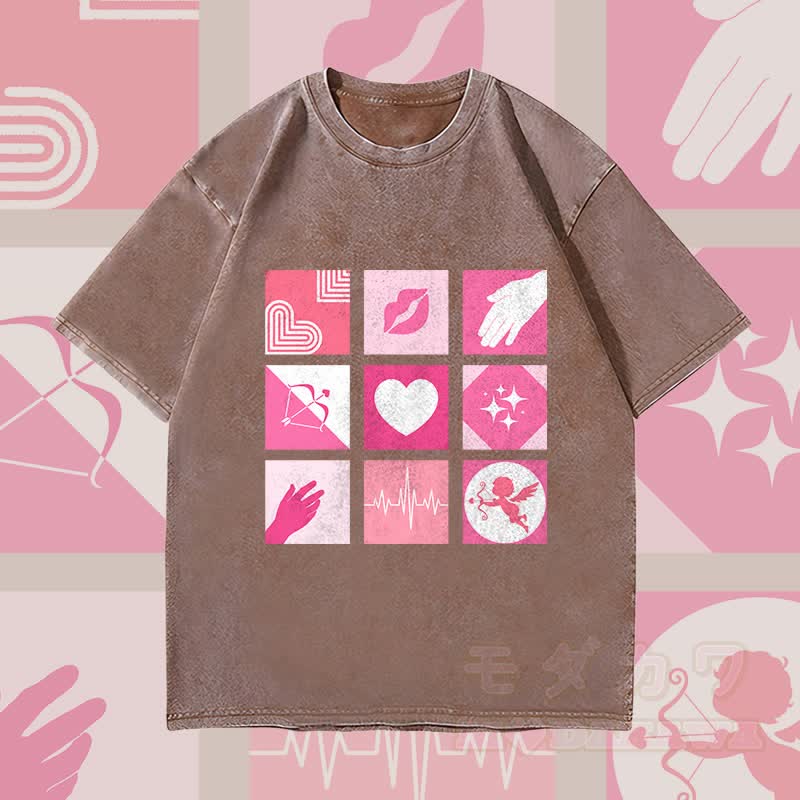 MODAKAWA Love Symbols Grid Graphic Unisex Vintage Washed T-Shirt - Brown - 4XL - image 1