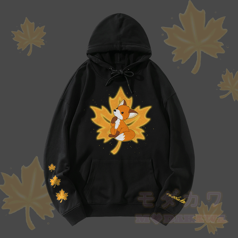 MODAKAWA Maple Fox Graphic Streetwear Pullover Hoodie - Black - 5XL - image 1
