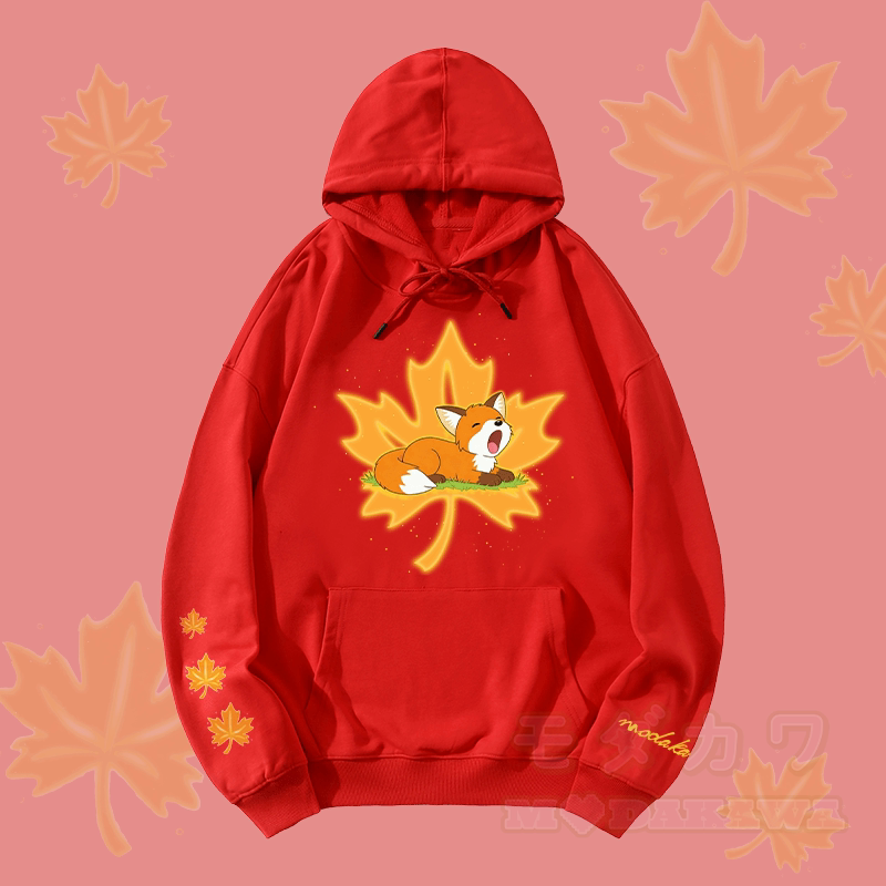 MODAKAWA Sleepy Maple Fox Graphic Streetwear Pullover Hoodie - Red - 5XL - image 2