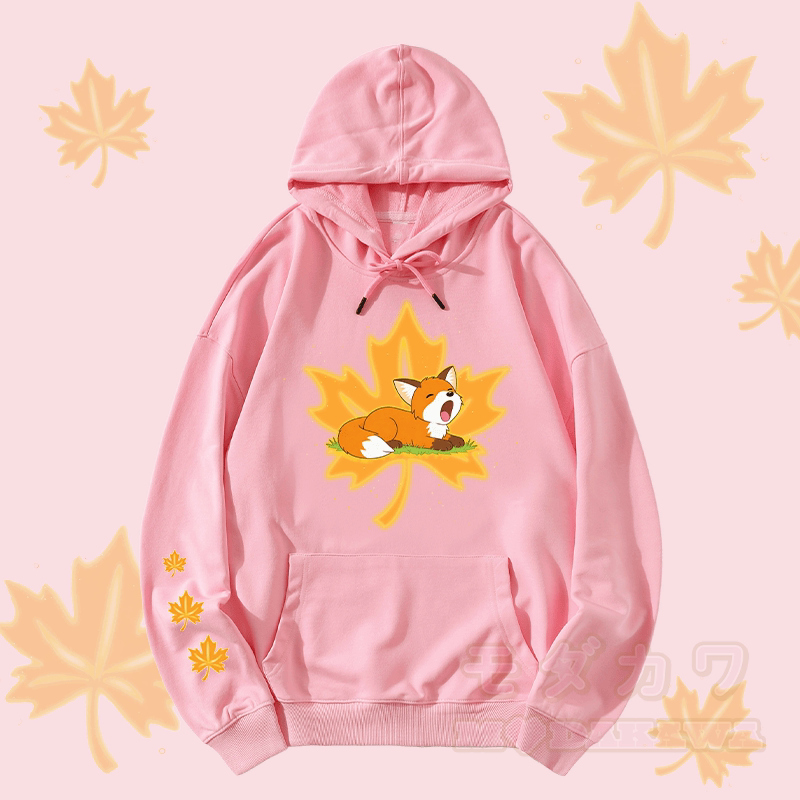 MODAKAWA Sleepy Maple Fox Graphic Streetwear Pullover Hoodie - Pink - 5XL - image 1