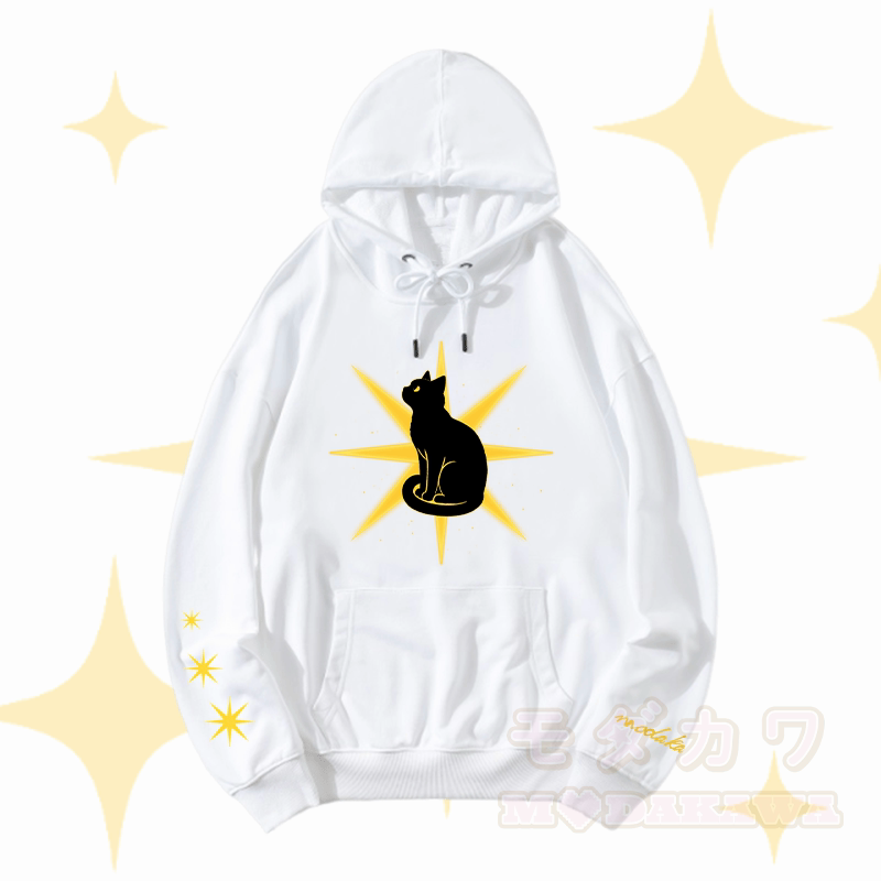MODAKAWA Starlight Black Cat Graphic Streetwear Pullover Hoodie - White - 5XL - image 2