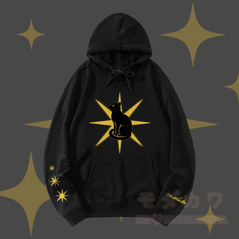 MODAKAWA Starlight Black Cat Graphic Streetwear Pullover Hoodie - Black - 5XL - image 1