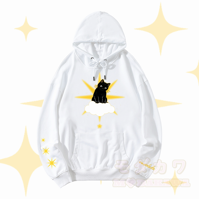 MODAKAWA Starry Cloud Black Cat Graphic Streetwear Pullover Hoodie - White - 5XL - image 4
