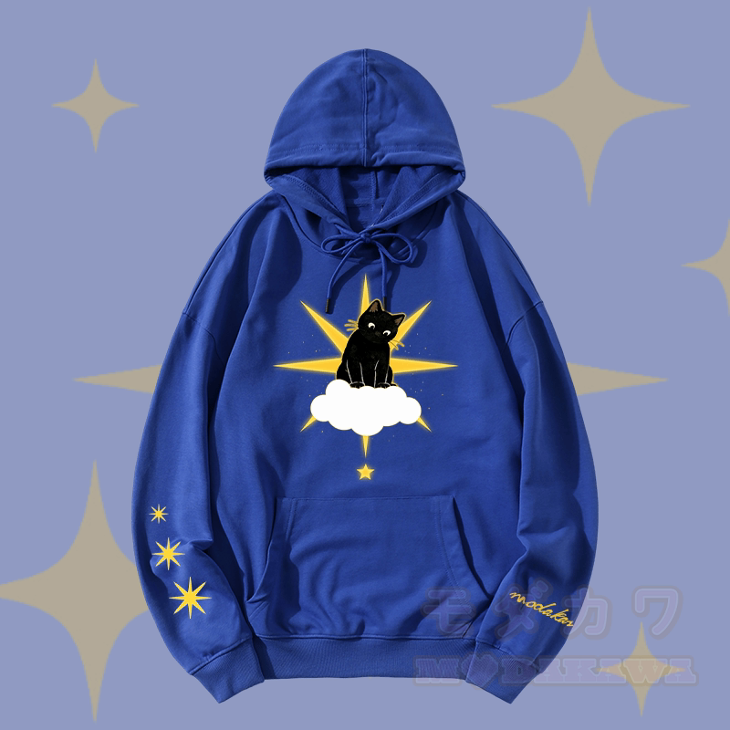 MODAKAWA Starry Cloud Black Cat Graphic Streetwear Pullover Hoodie - Royal Blue - 5XL - image 2