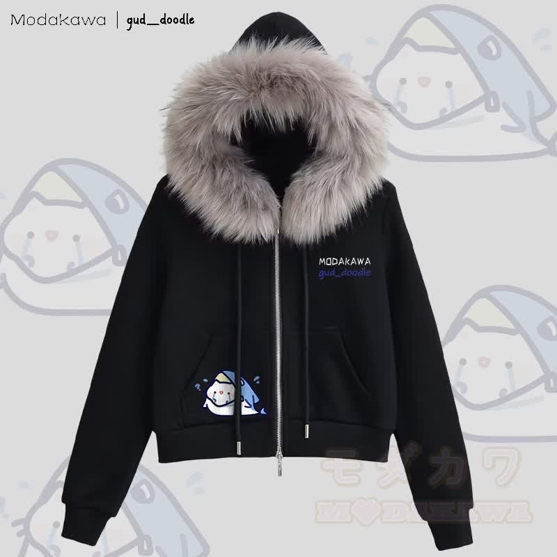 MODAKAWA x gud_doodle Kitty Shark Graphic Fleece Lined Faux Fur Trim Zip-Up Hoodie - Black - L - image 2