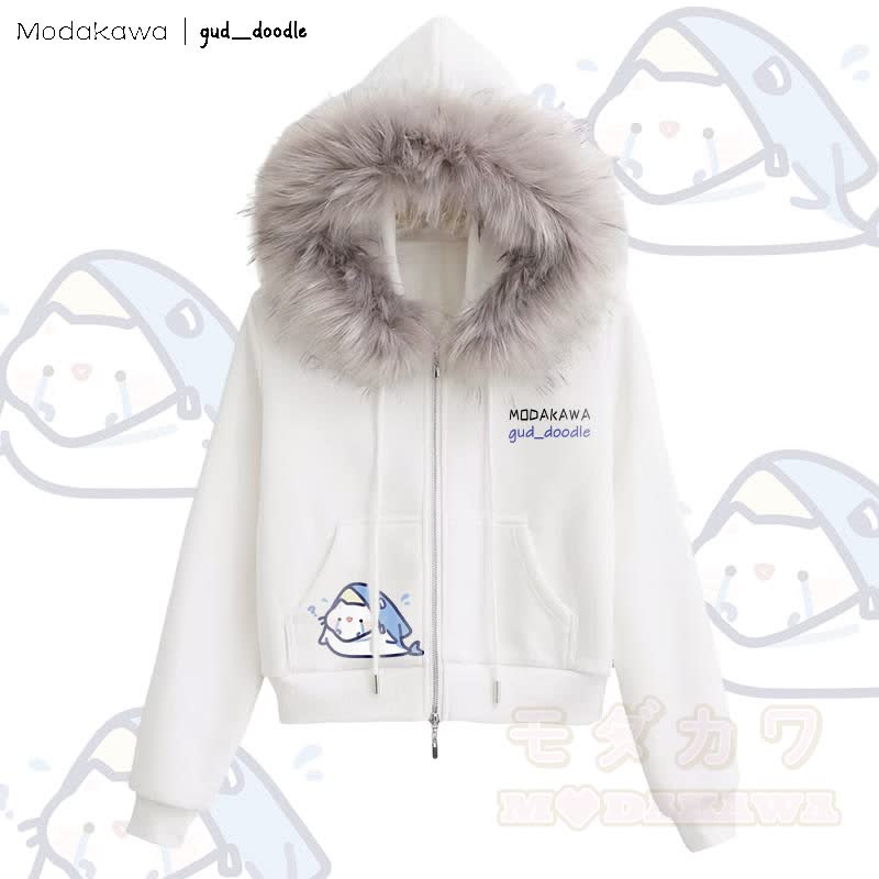 MODAKAWA x gud_doodle Kitty Shark Graphic Fleece Lined Faux Fur Trim Zip-Up Hoodie - White - L - image 1