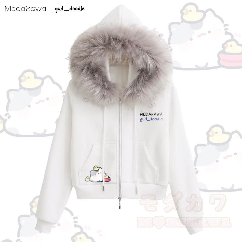 MODAKAWA x gud_doodle Kitty Chick Graphic Fleece Lined Faux Fur Trim Zip-Up Hoodie - White - L - image 2