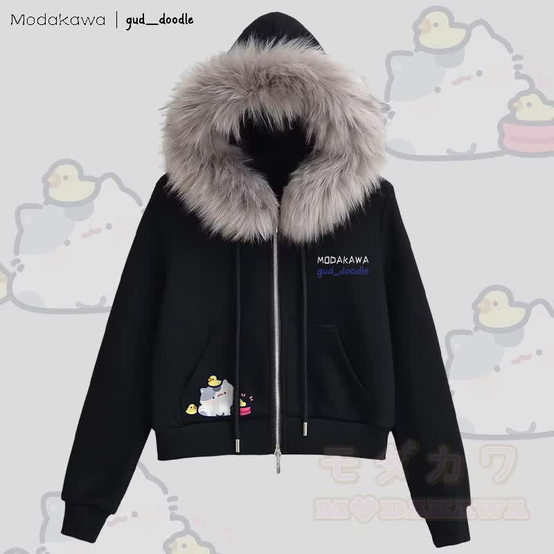 MODAKAWA x gud_doodle Kitty Chick Graphic Fleece Lined Faux Fur Trim Zip-Up Hoodie - Black - L - image 1