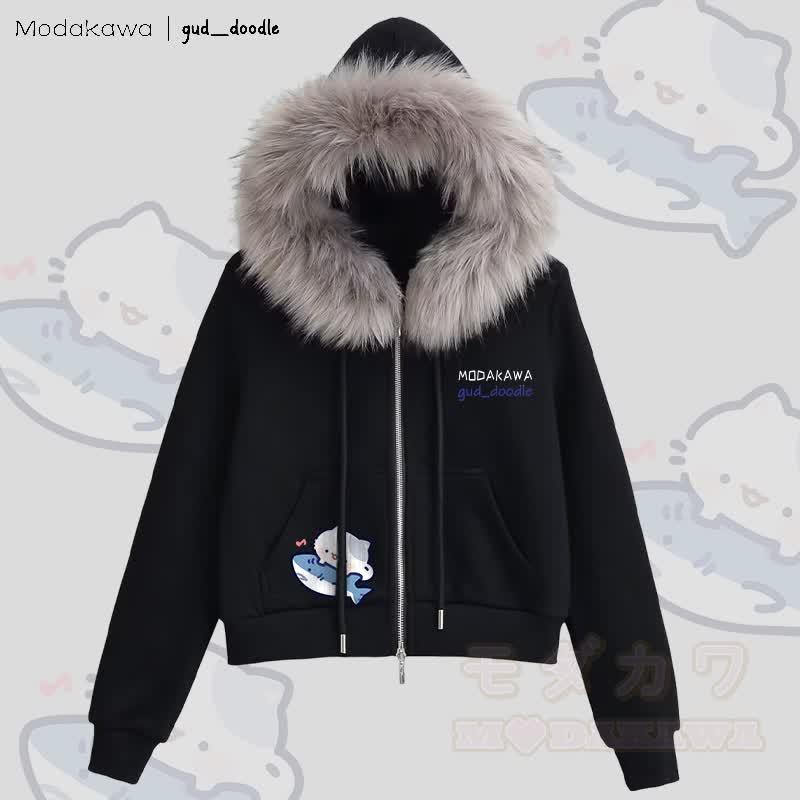 MODAKAWA x gud_doodle Kitty and Shark Graphic Fleece Lined Faux Fur Trim Zip-Up Hoodie - Black - L - image 2