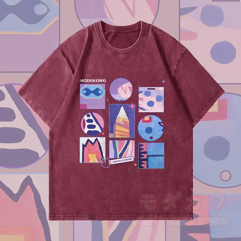 MODAKAWA Abstract Color Block Grid Graphic Unisex Vintage Washed T-Shirt - Wine Red - 4XL - image 2