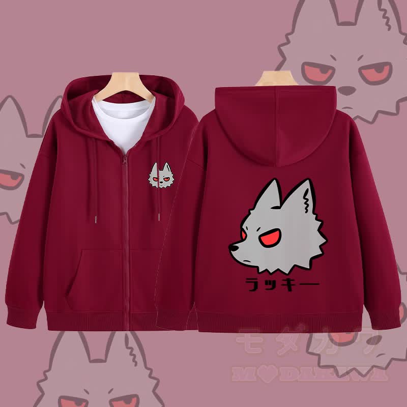 MODAKAWA Red-Eye Wolf Graphic Zip Up Hoodie Sweatshirt - Wine Red - 5XL - image 3
