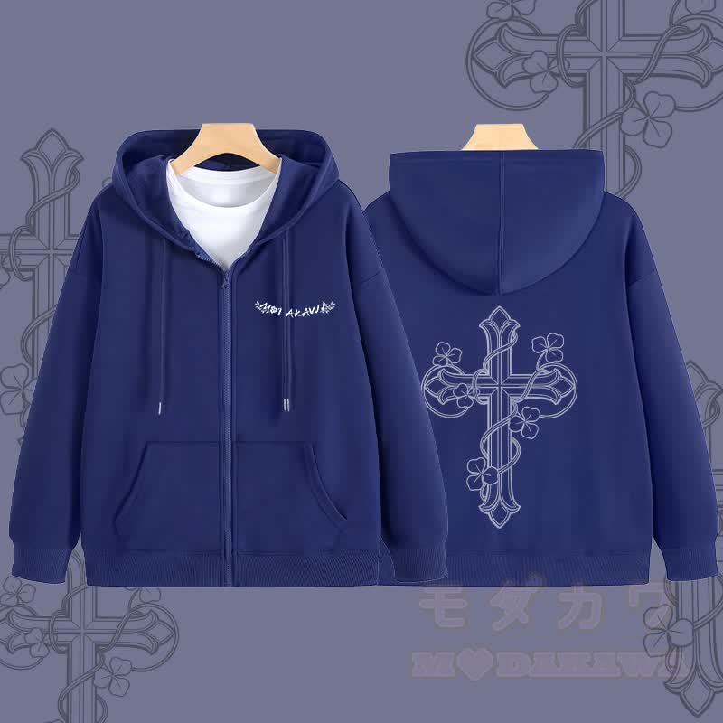 MODAKAWA Floral Cross Graphic Zip Up Hoodie Sweatshirt - Purplish Blue - 5XL - image 3