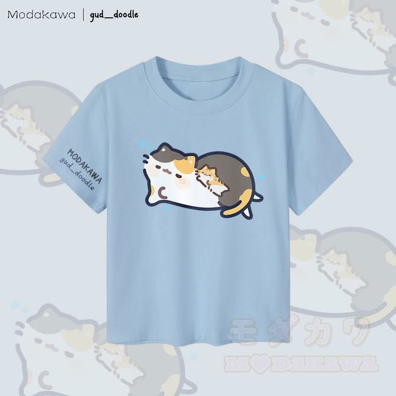 MODAKAWA x gud_doodle Sleeping Kitty Graphic Women's Cropped T-Shirt 92% Combed Cotton Crop Top - Blue - XL - image 1