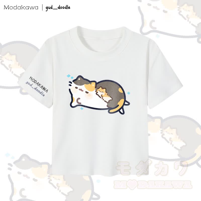 MODAKAWA x gud_doodle Sleeping Kitty Graphic Women's Cropped T-Shirt 92% Combed Cotton Crop Top - White - XL - image 4