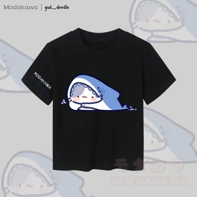 MODAKAWA x gud_doodle Kitty Shark Graphic Women's Cropped T-Shirt 92% Combed Cotton Crop Top - Black - XL - image 1