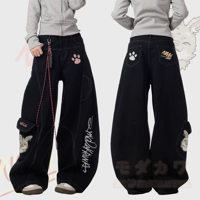 MODAKAWA Nabi Smoking Bunny Graphic Denim Cargo Pants - Black - 3XL - image 2