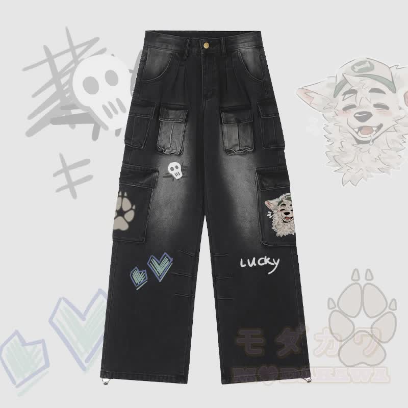 MODAKAWA X atka Fox Wants Meat Graphic Adjustable Hem Denim Cargo Pants - Black - 2XL - image 2