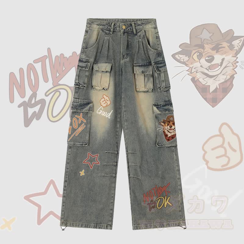 MODAKAWA X atka Cowboy Fox Winking Graphic Adjustable Hem Denim Cargo Pants - Light Blue - 2XL - image 2