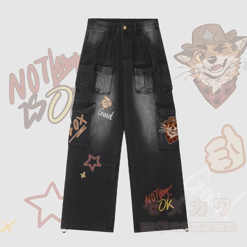 MODAKAWA X atka Cowboy Fox Winking Graphic Adjustable Hem Denim Cargo Pants - Black - 2XL - image 1