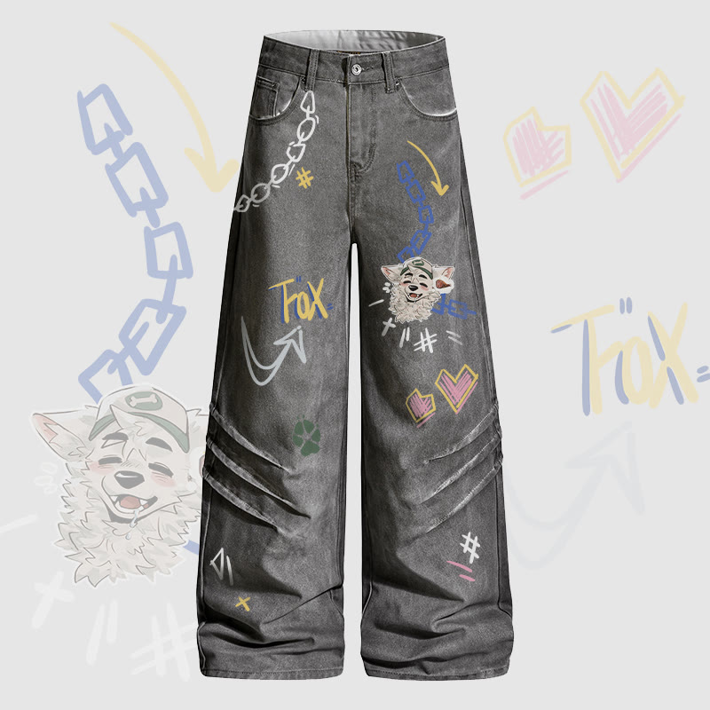 MODAKAWA X atka Fox Wants Meat Graphic Denim Pants - Grey - 2XL - image 2