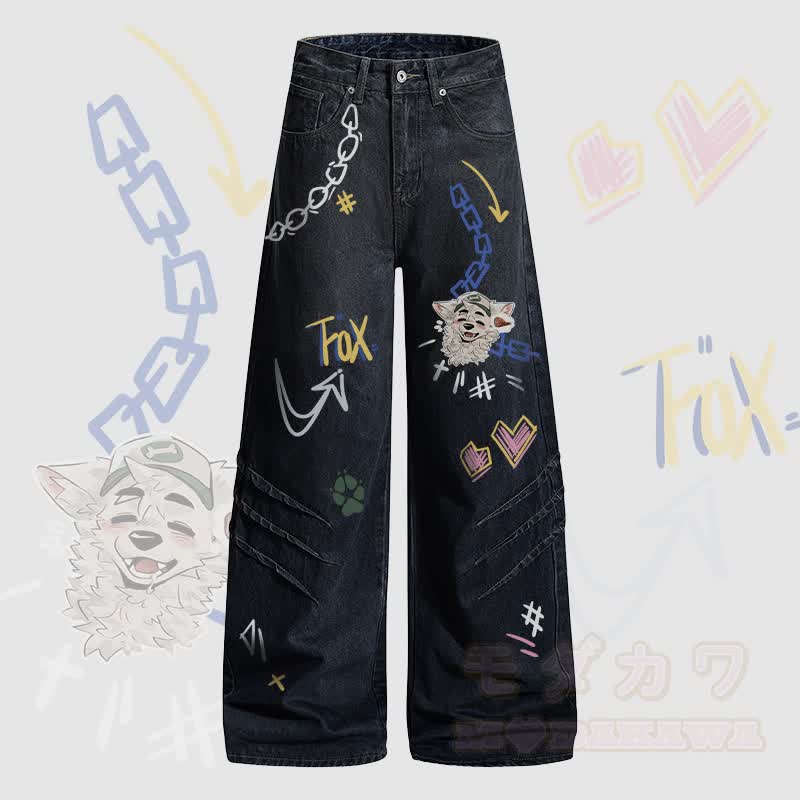 MODAKAWA X atka Fox Wants Meat Graphic Denim Pants - Dark Blue - 2XL - image 1