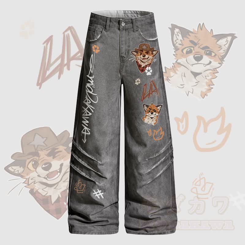 MODAKAWA X atka Cowboy Fox Winking Graphic Denim Pants - Grey - 2XL - image 2